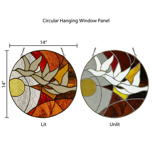 14"H Doves at Sunset Round Stained Glass Window Panel - Spiral Circle