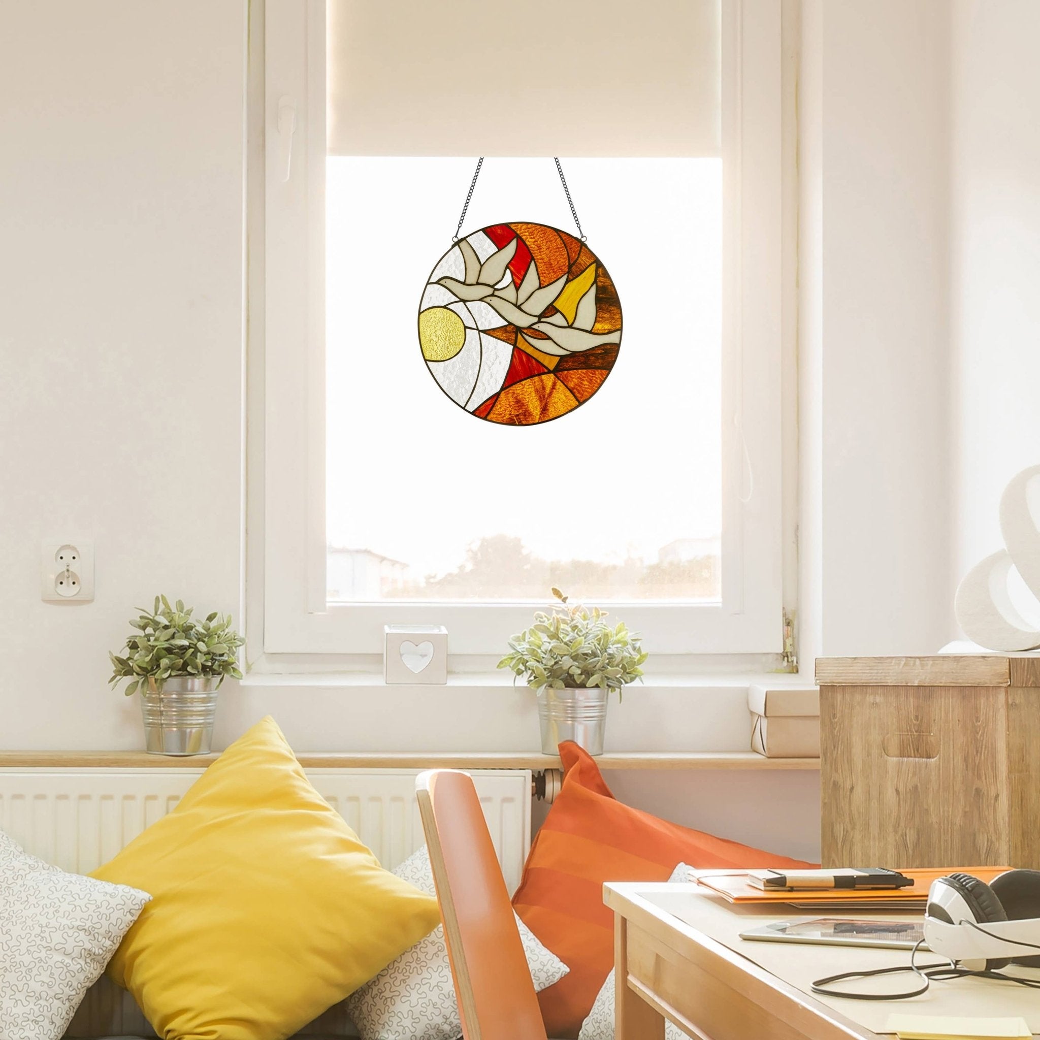 14"H Doves at Sunset Round Stained Glass Window Panel - Spiral Circle