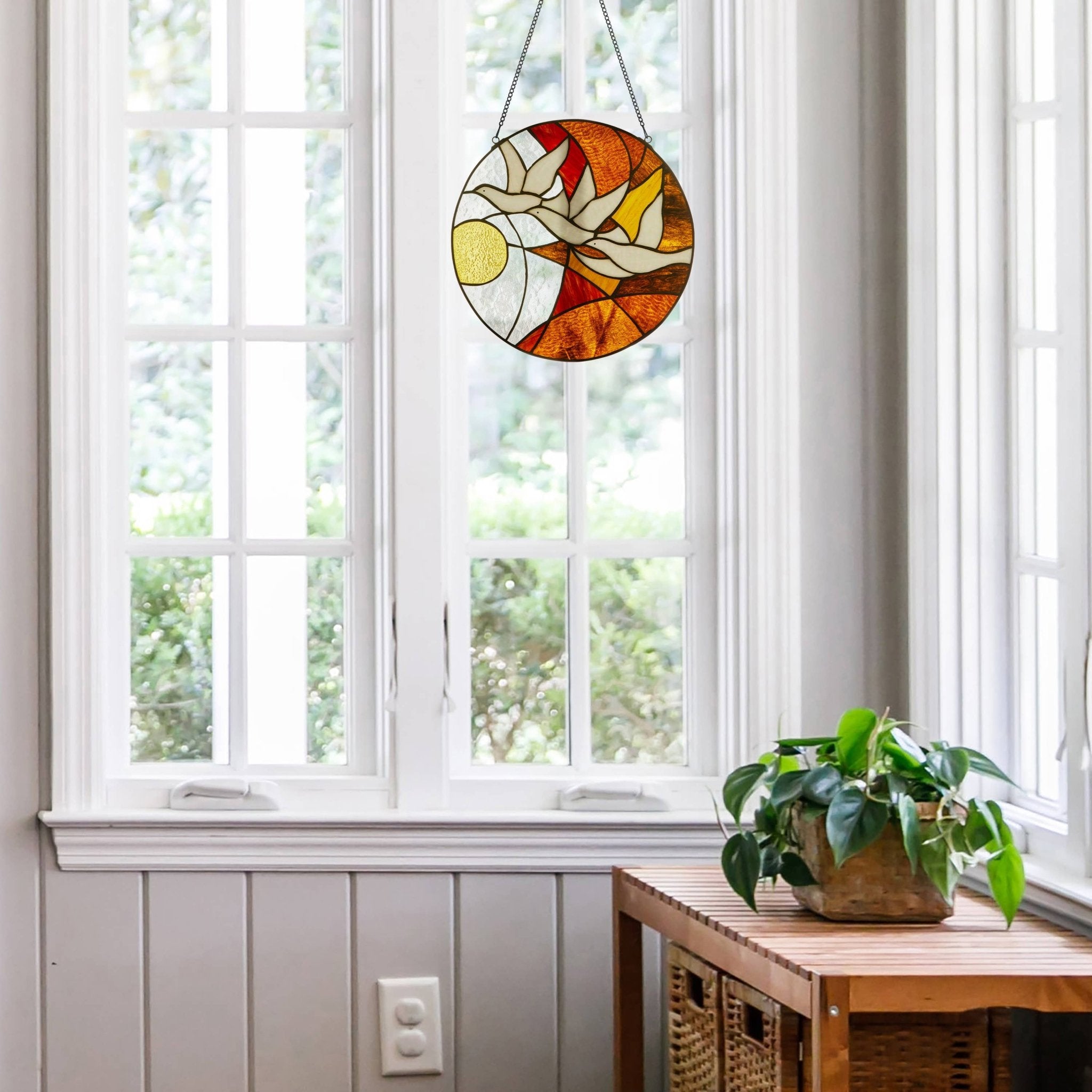 14"H Doves at Sunset Round Stained Glass Window Panel - Spiral Circle