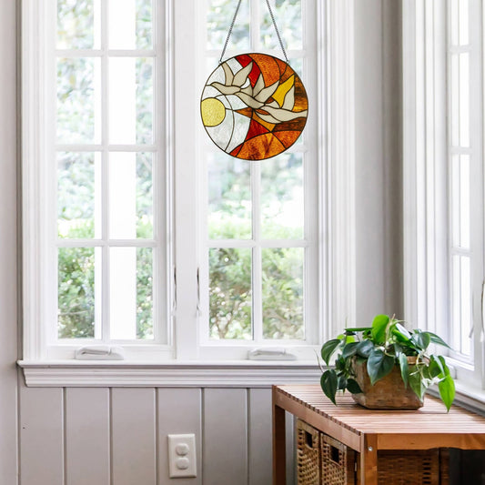 14"H Doves at Sunset Round Stained Glass Window Panel - Spiral Circle