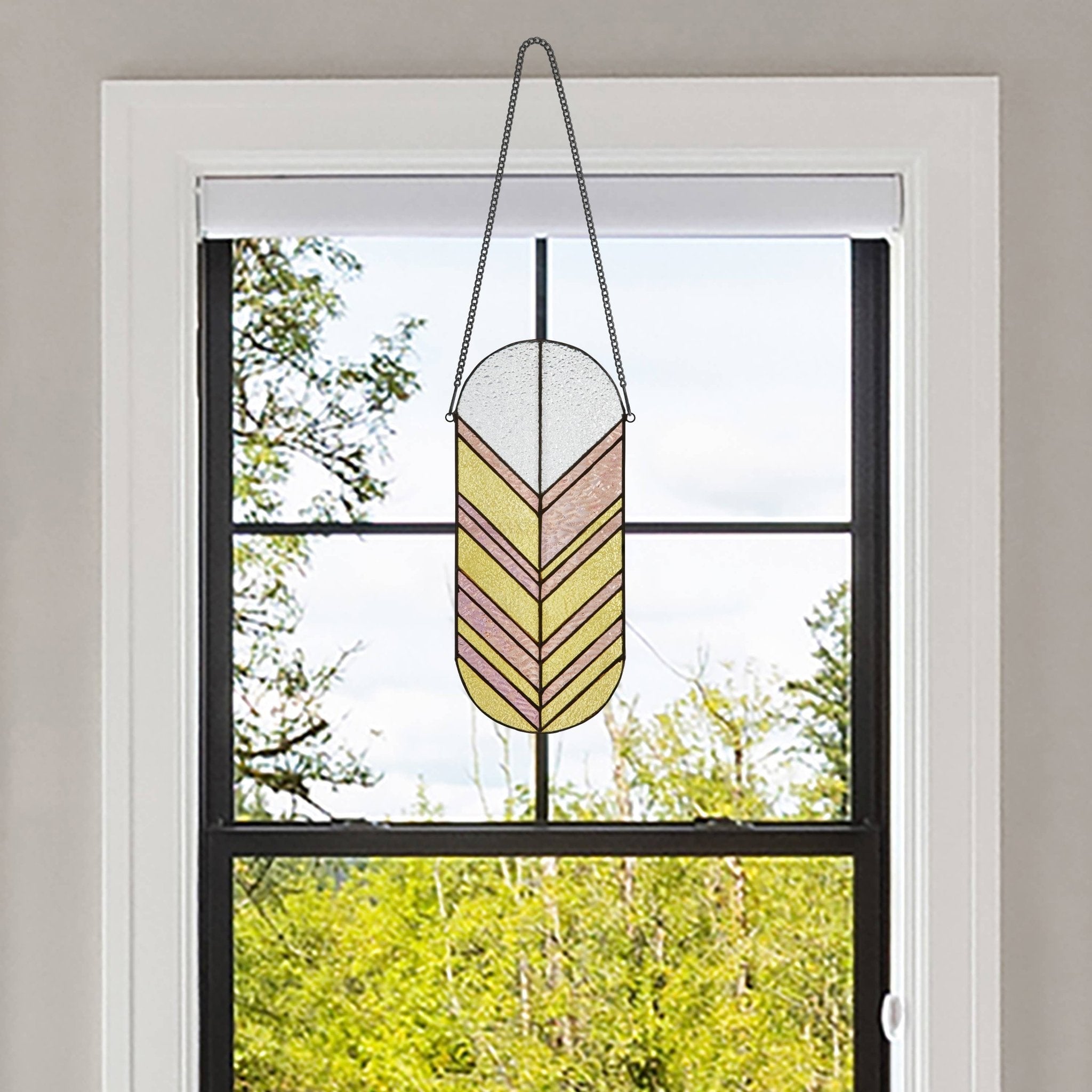 14"H Jenny Gold and Pink Arrows Stained Glass Window Panel - Spiral Circle