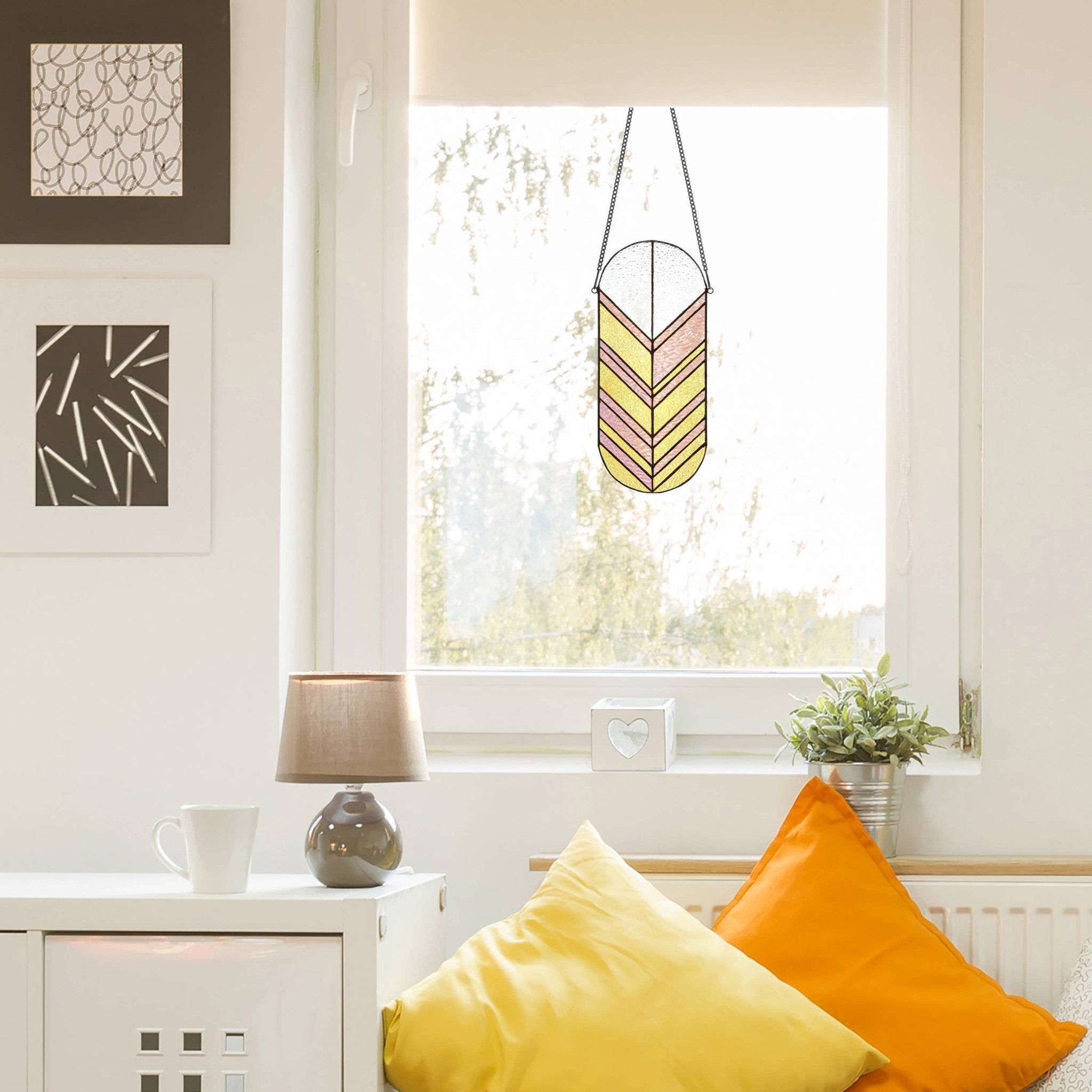 14"H Jenny Gold and Pink Arrows Stained Glass Window Panel - Spiral Circle