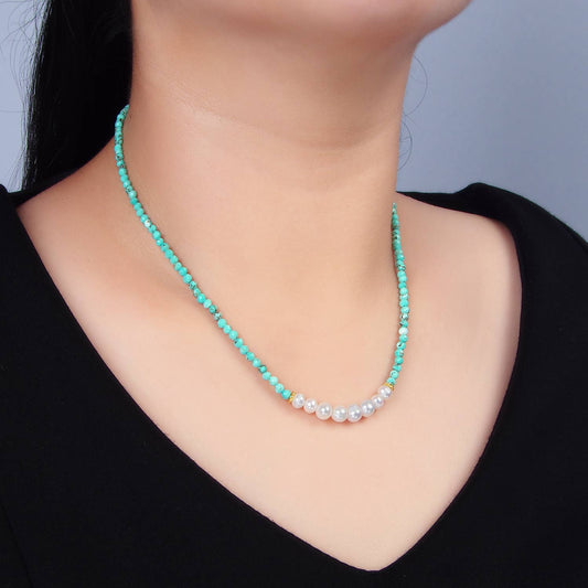 14K Gold Filled Pearl Turquoise Beaded Necklace | WA - 2650 - Spiral Circle