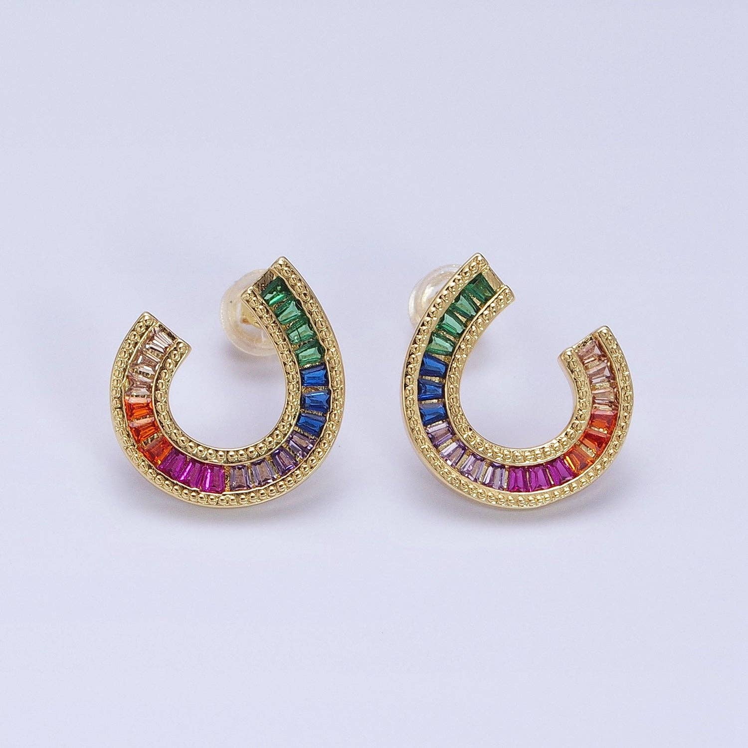 14K Gold Plated Multicolor Baguette U Circular Stud Earrings - Spiral Circle