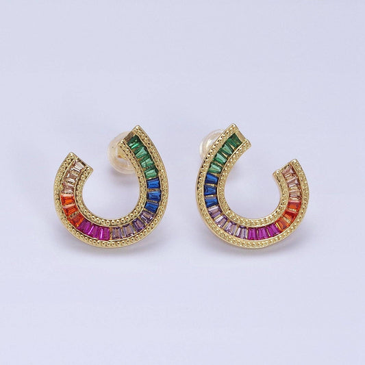 14K Gold Plated Multicolor Baguette U Circular Stud Earrings - Spiral Circle