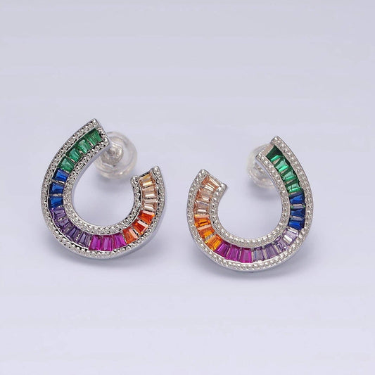 14K Gold Plated Multicolor Baguette U Circular Stud Earrings - Spiral Circle