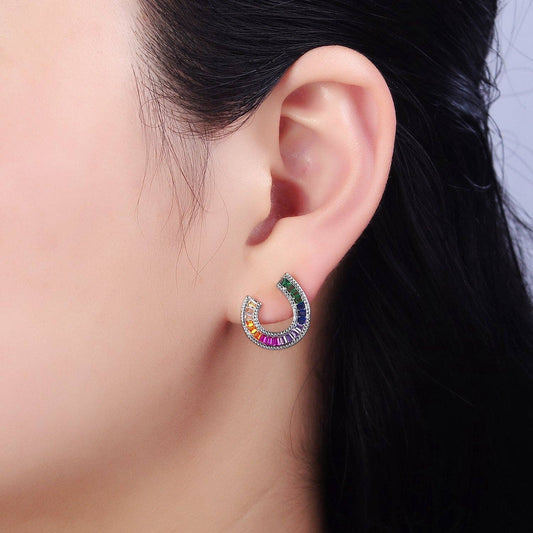 14K Gold Plated Multicolor Baguette U Circular Stud Earrings - Spiral Circle