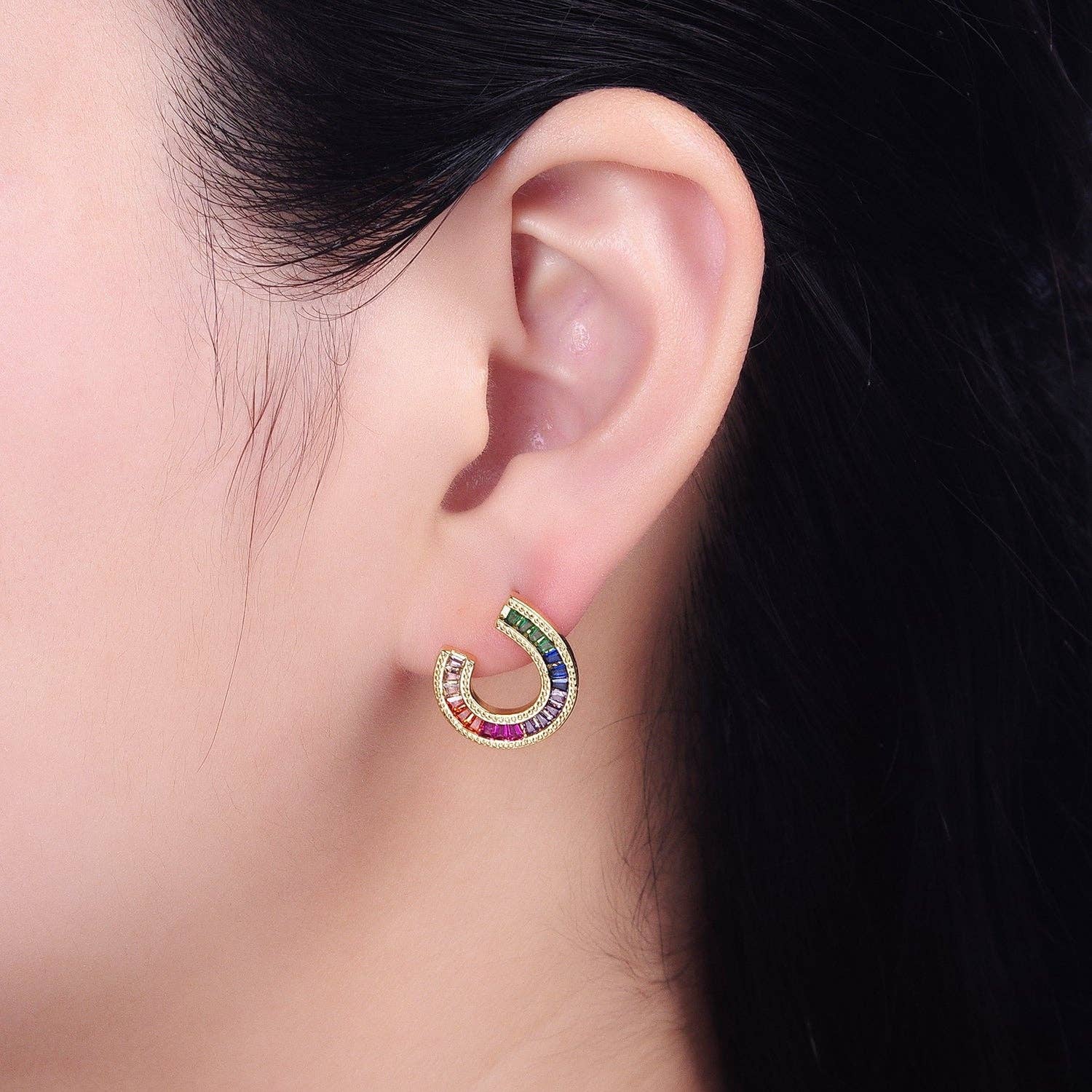 14K Gold Plated Multicolor Baguette U Circular Stud Earrings - Spiral Circle