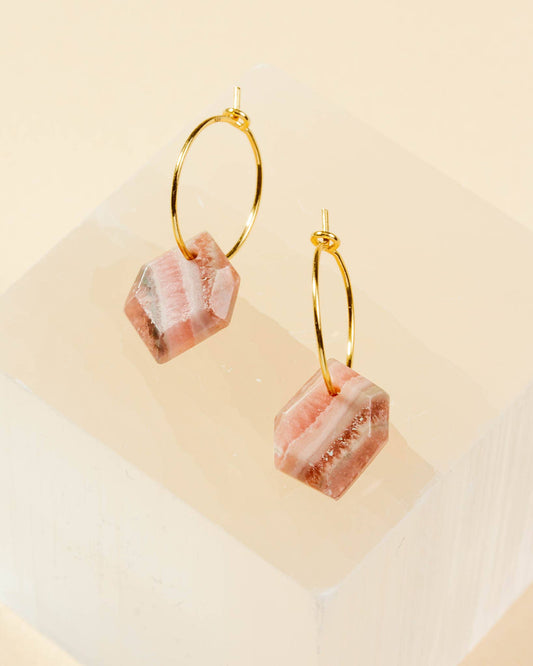 14Kt Sterling Geometry Mini Hoop Earring-Rhodochrosite - Spiral Circle