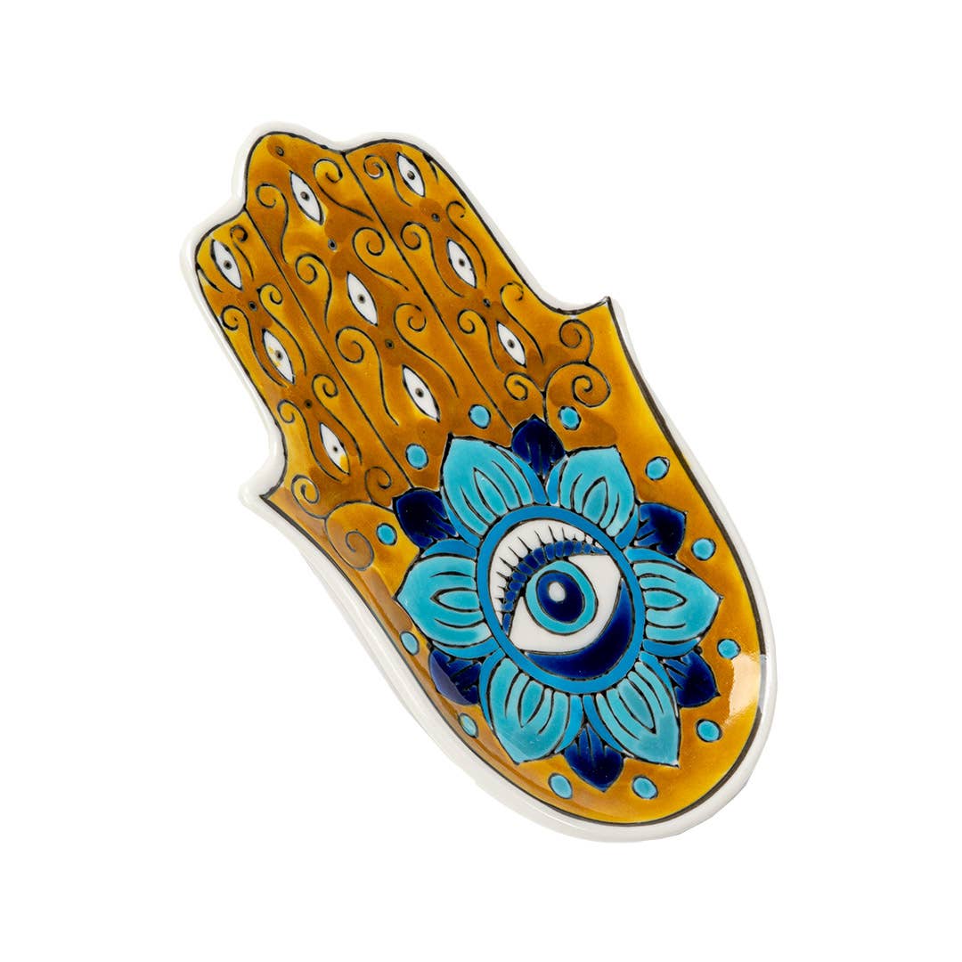 16352 Hamsa Ceramic Dish with Brass Incense Holder - Spiral Circle