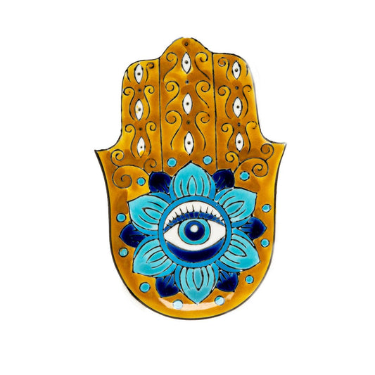 16352 Hamsa Ceramic Dish with Brass Incense Holder - Spiral Circle