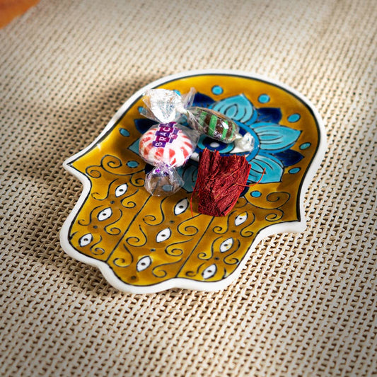 16352 Hamsa Ceramic Dish with Brass Incense Holder - Spiral Circle