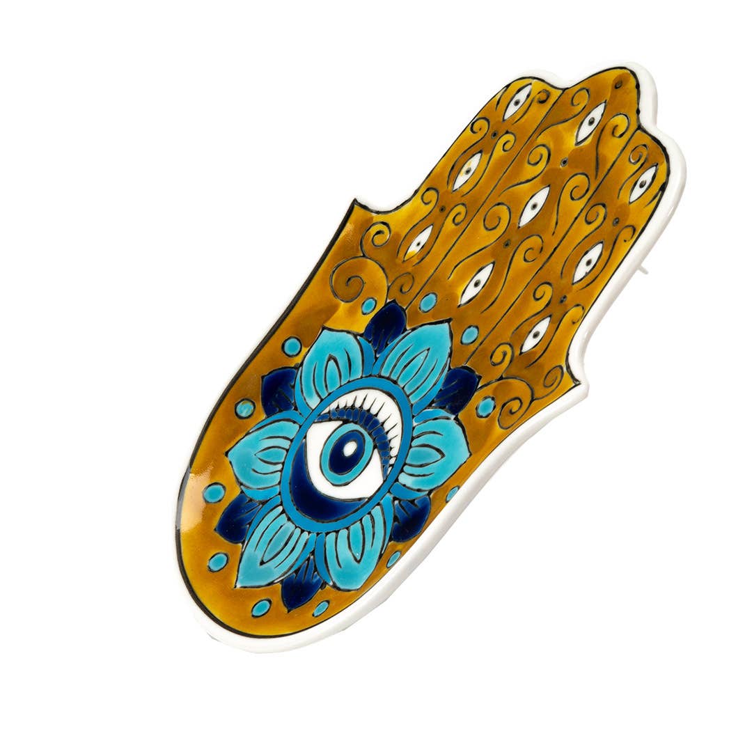 16352 Hamsa Ceramic Dish with Brass Incense Holder - Spiral Circle