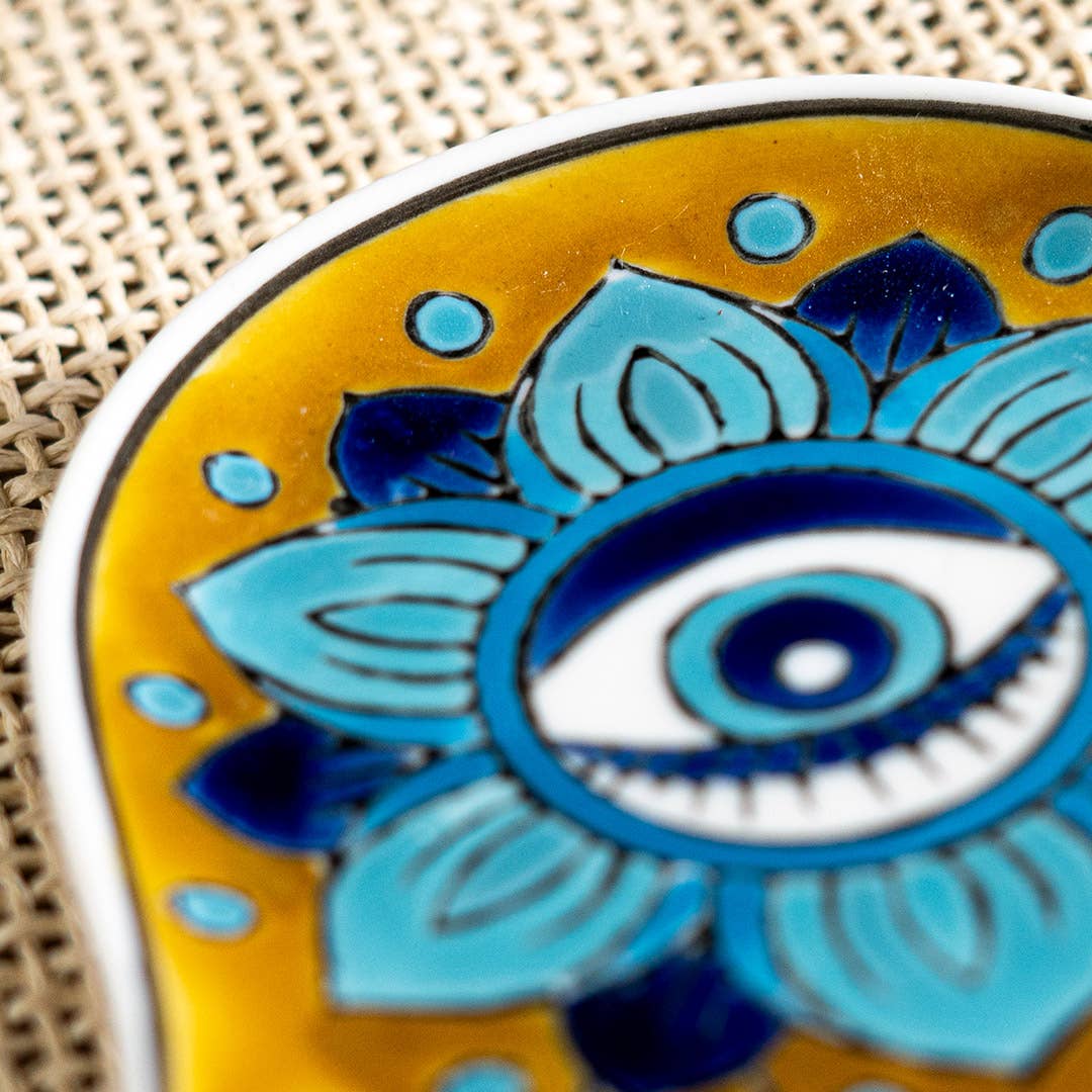 16352 Hamsa Ceramic Dish with Brass Incense Holder - Spiral Circle