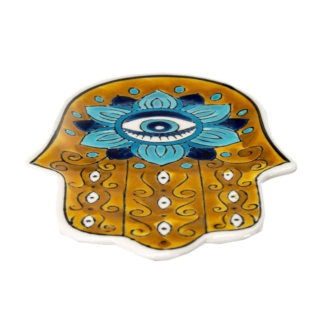 16352 Hamsa Ceramic Dish with Brass Incense Holder - Spiral Circle
