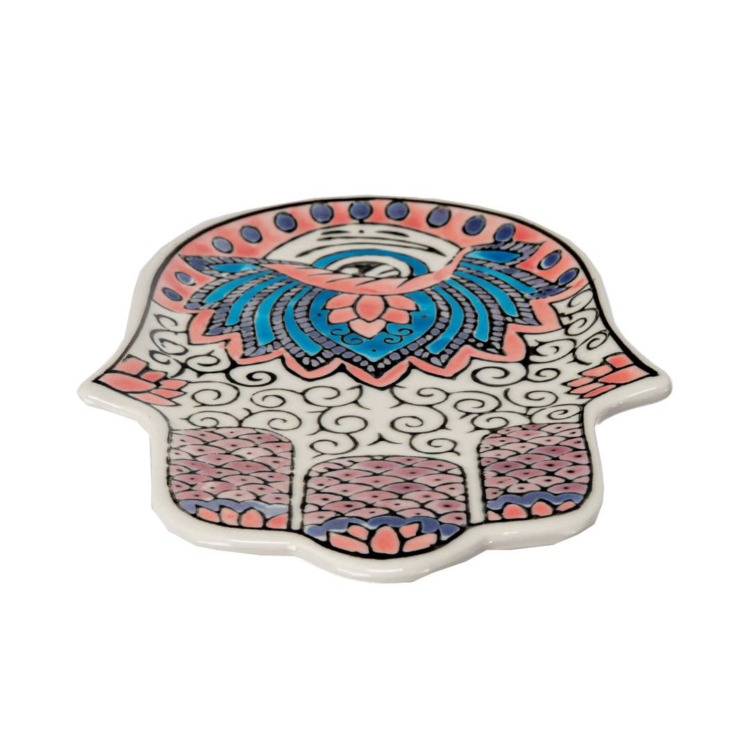 16353 Hamsa Ceramic Dish with Brass Incense Holder - Spiral Circle