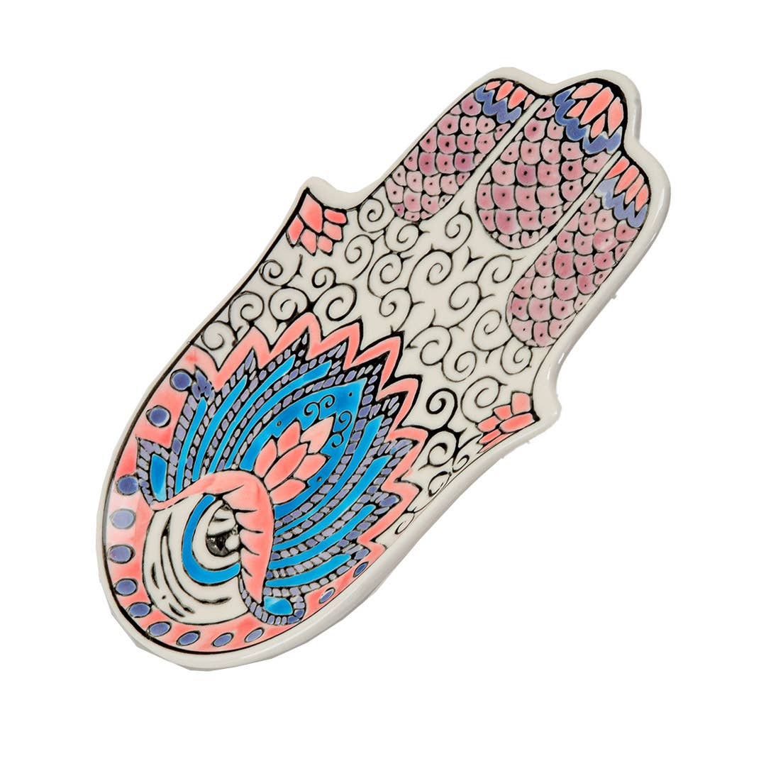 16353 Hamsa Ceramic Dish with Brass Incense Holder - Spiral Circle