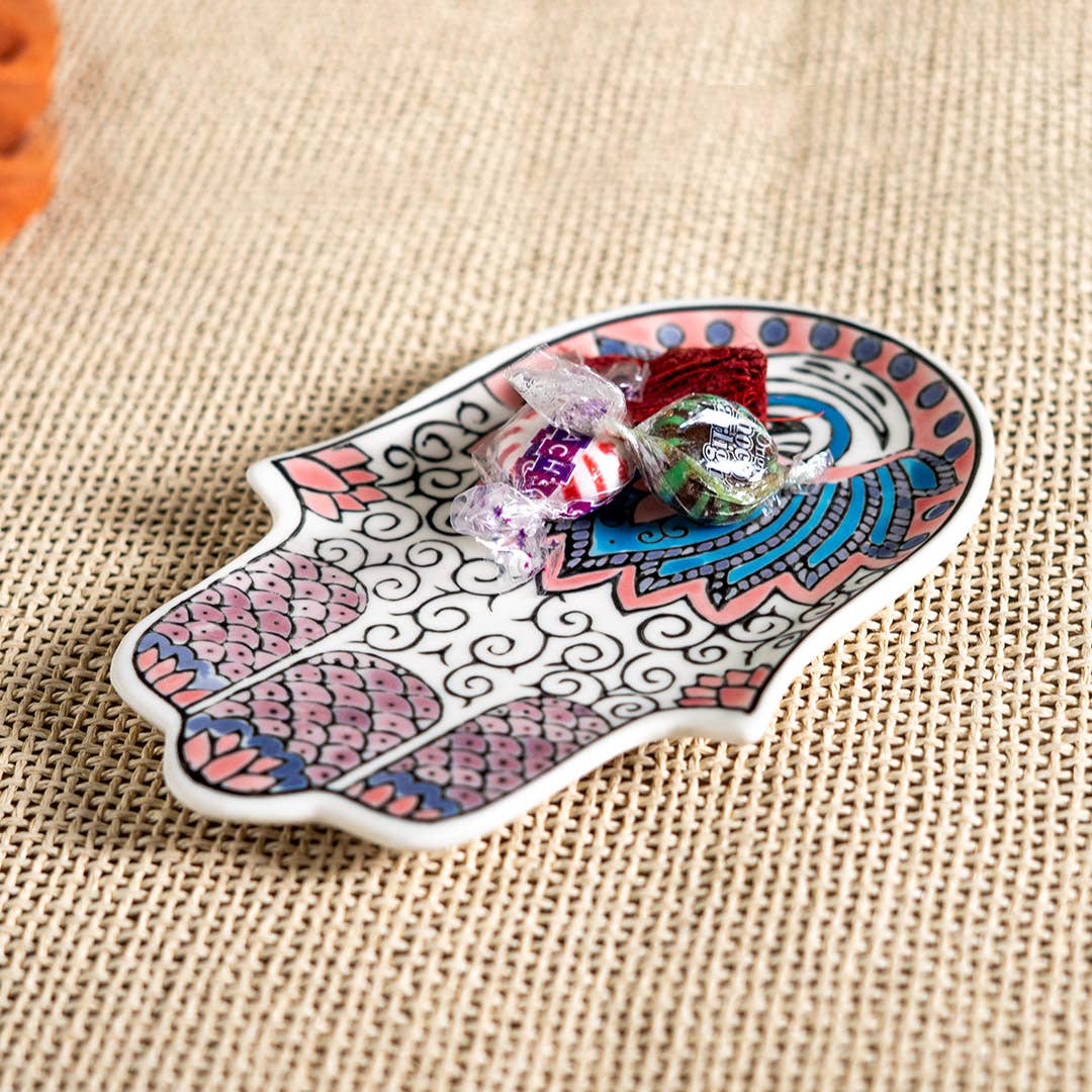 16353 Hamsa Ceramic Dish with Brass Incense Holder - Spiral Circle