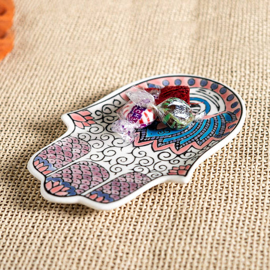 16353 Hamsa Ceramic Dish with Brass Incense Holder - Spiral Circle