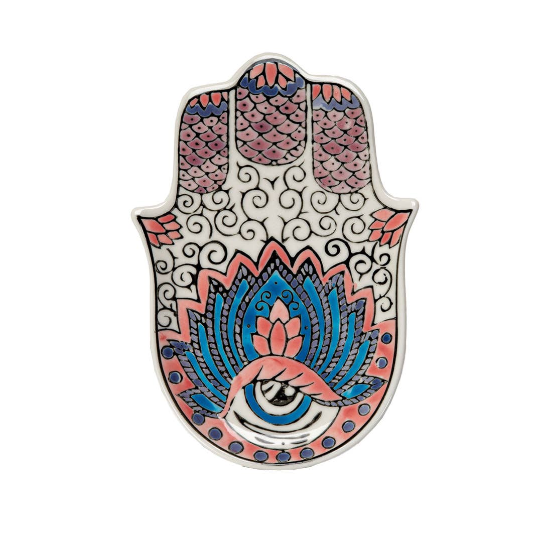 16353 Hamsa Ceramic Dish with Brass Incense Holder - Spiral Circle