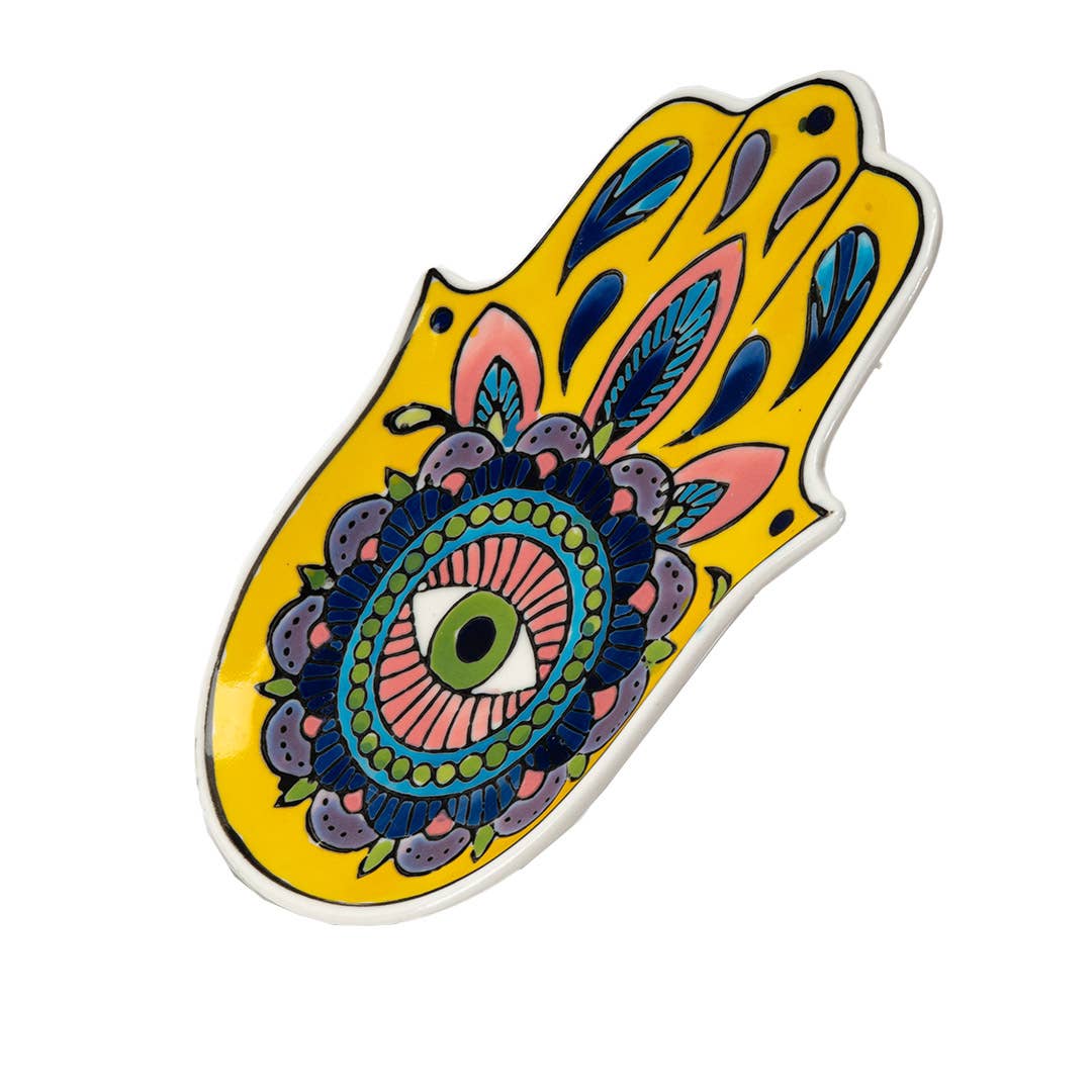 16354 Hamsa Ceramic Dish with Brass Incense Holder - Spiral Circle