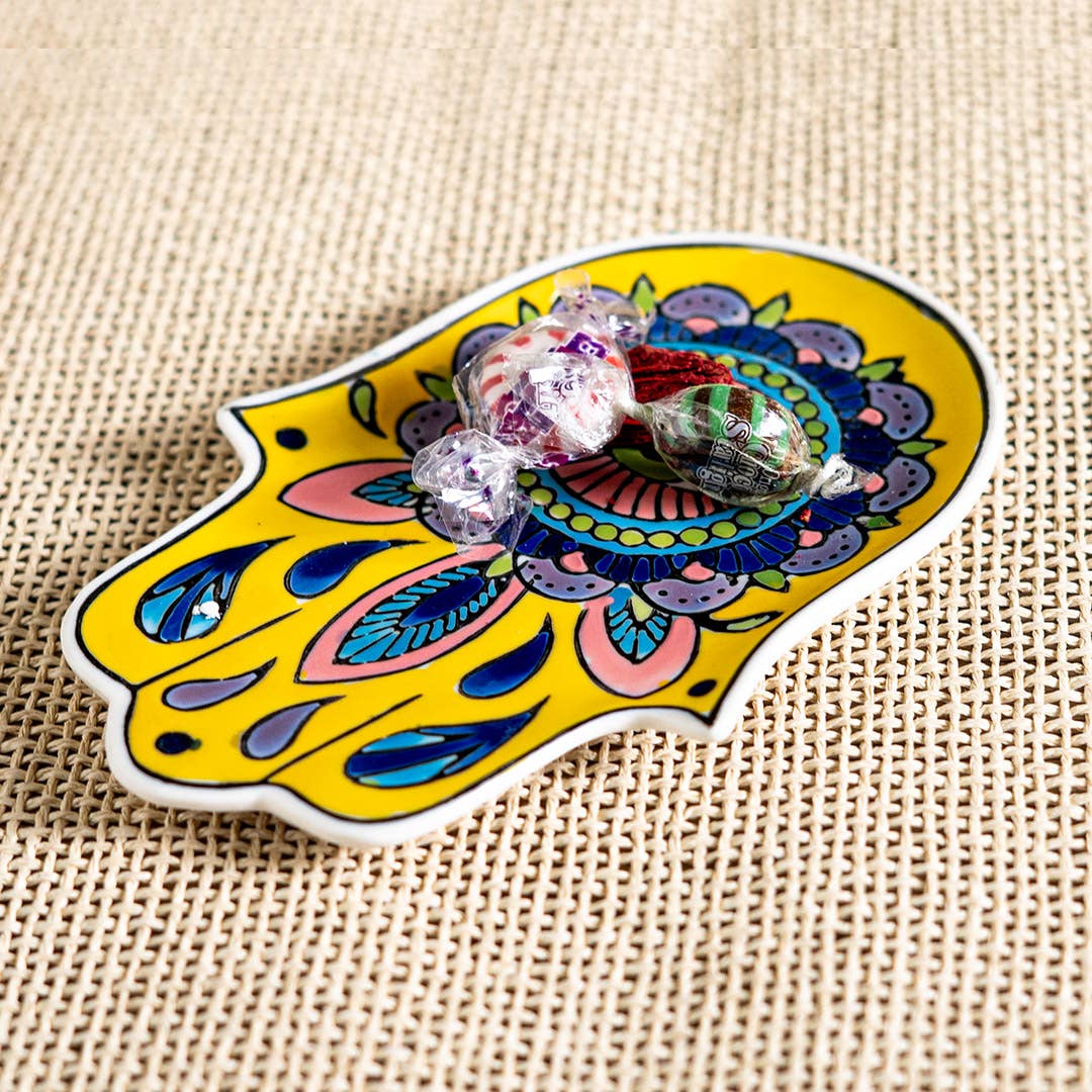 16354 Hamsa Ceramic Dish with Brass Incense Holder - Spiral Circle