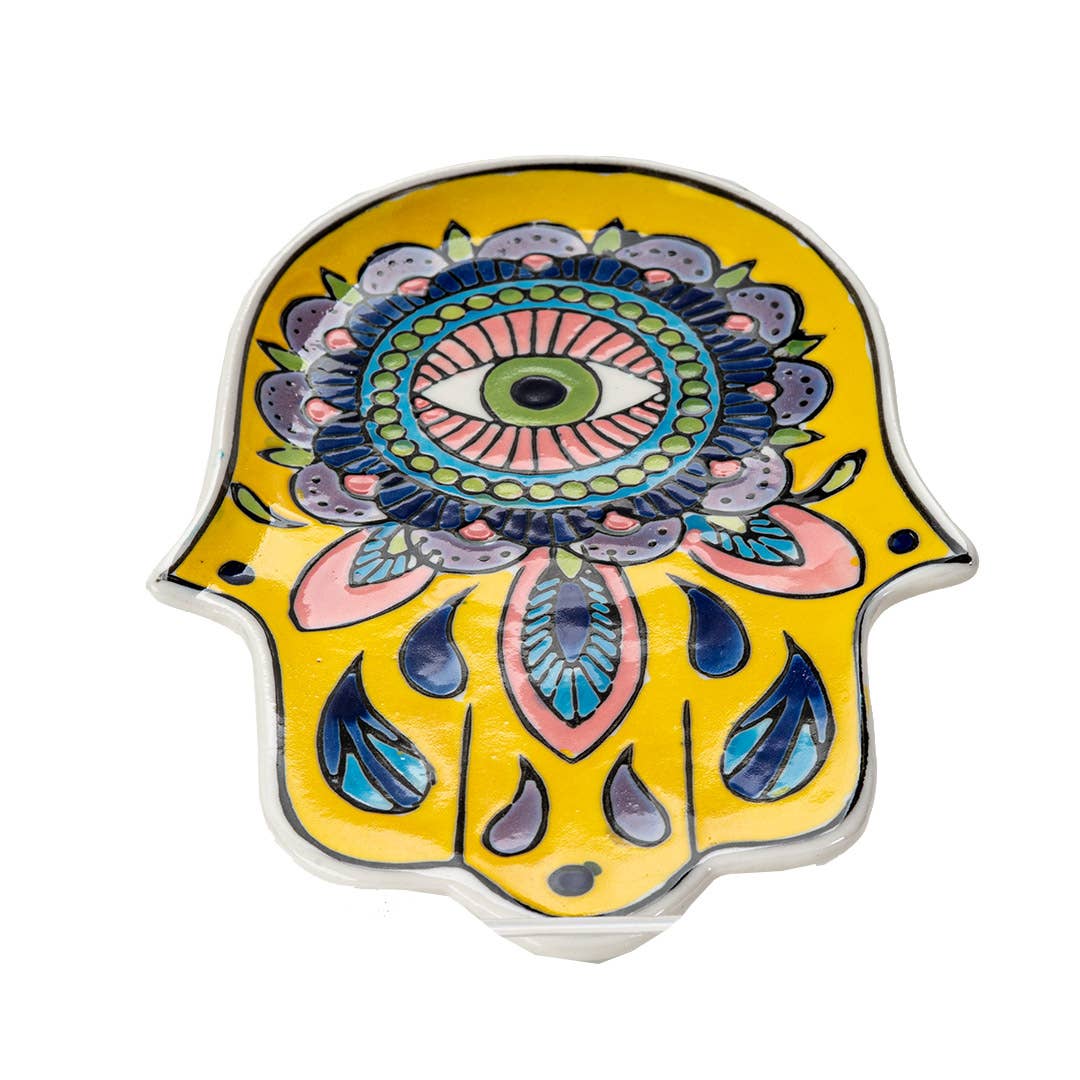 16354 Hamsa Ceramic Dish with Brass Incense Holder - Spiral Circle