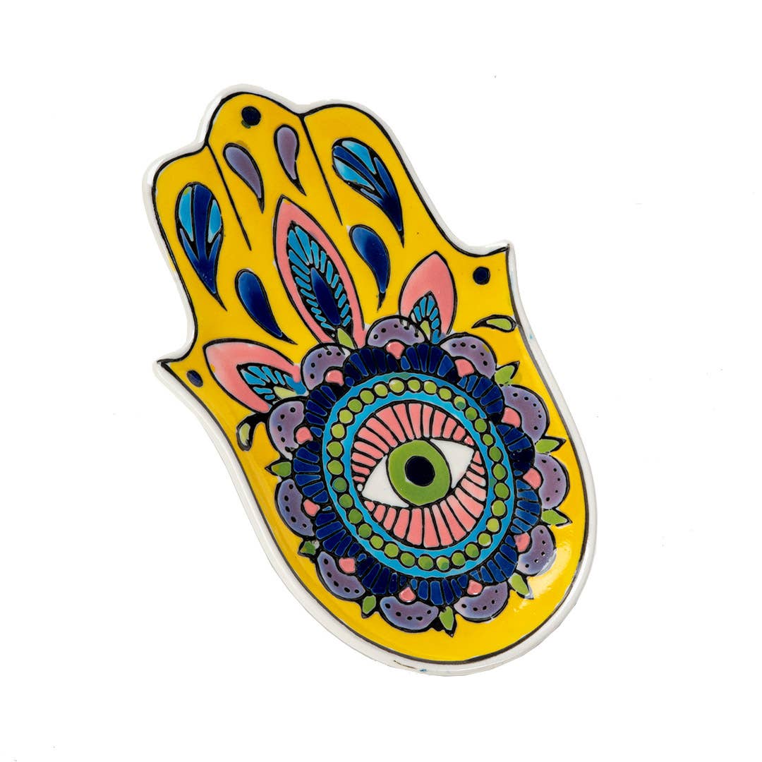 16354 Hamsa Ceramic Dish with Brass Incense Holder - Spiral Circle