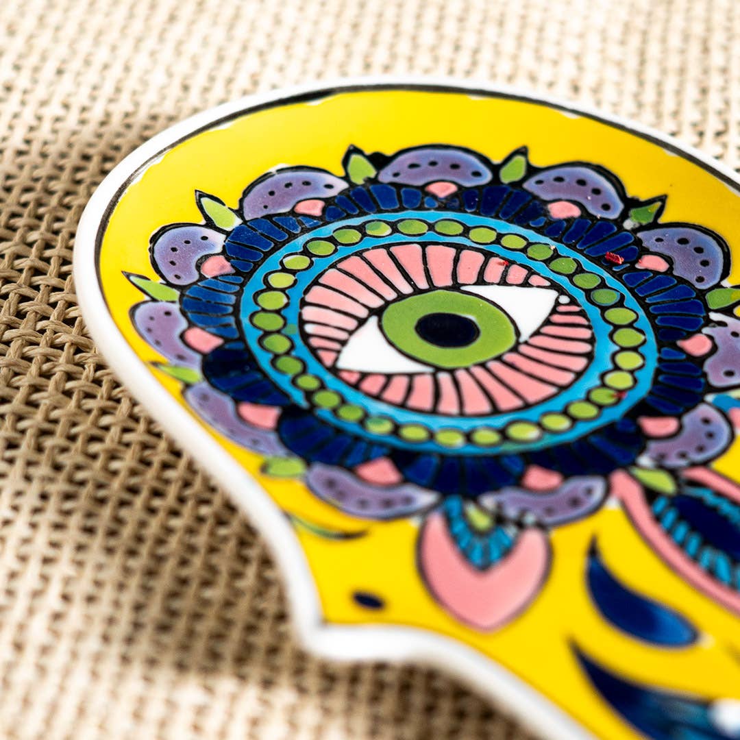 16354 Hamsa Ceramic Dish with Brass Incense Holder - Spiral Circle