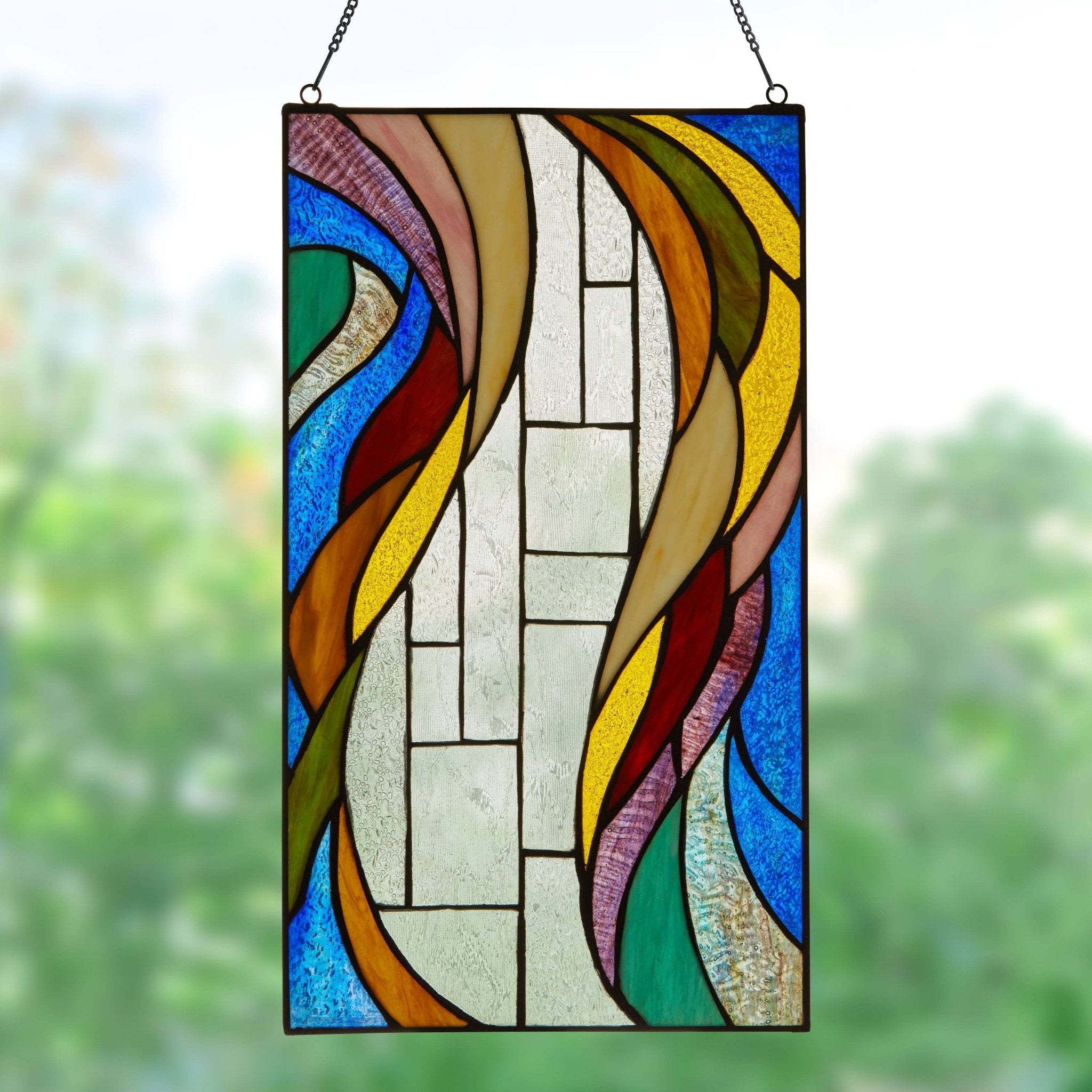 18"H Multicolor Flowing Border Stained Glass Window Panel - Spiral Circle