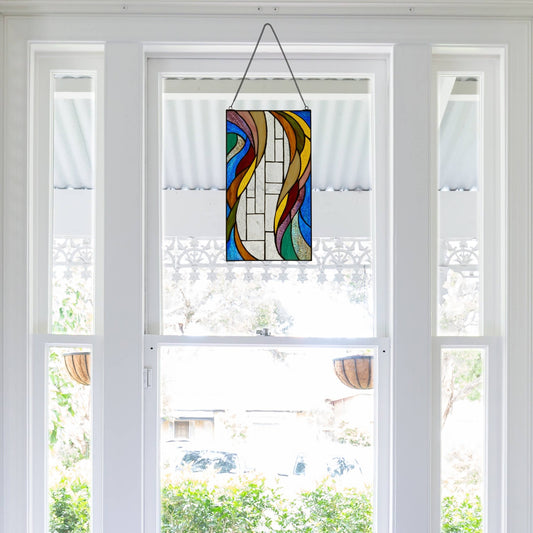 18"H Multicolor Flowing Border Stained Glass Window Panel - Spiral Circle