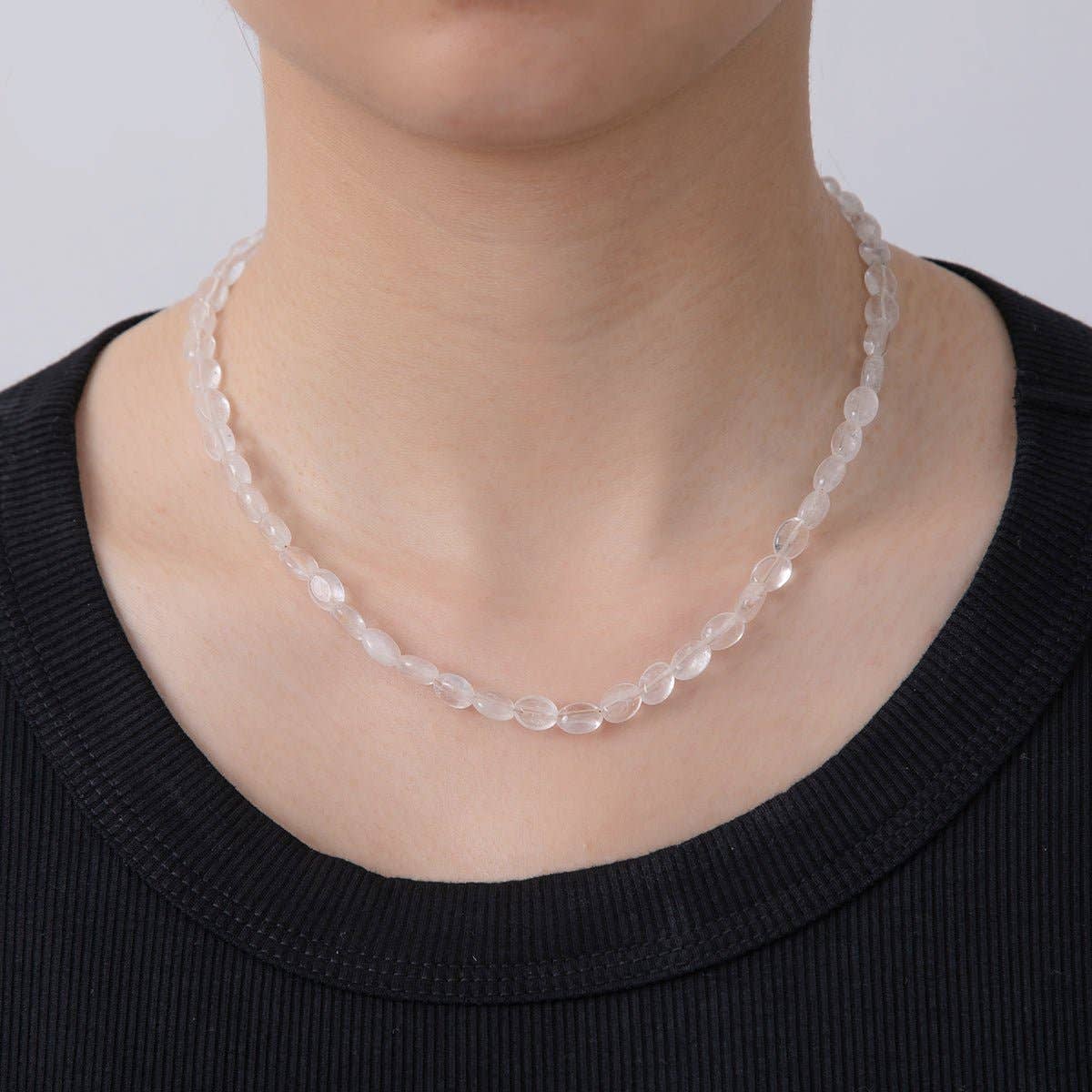 18K Gold Filled 6.5mm Clear Quartz Gemstone Oblong Oval Gemstone Bead 15.5 Inch Handmade Necklace | WA - 3283 - Spiral Circle