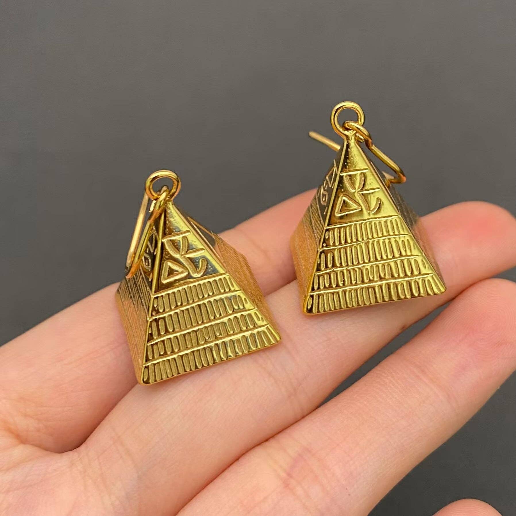 18K Gold Plated S.Steel Hollow Pyramid Dangle Earrings - FGS - Spiral Circle