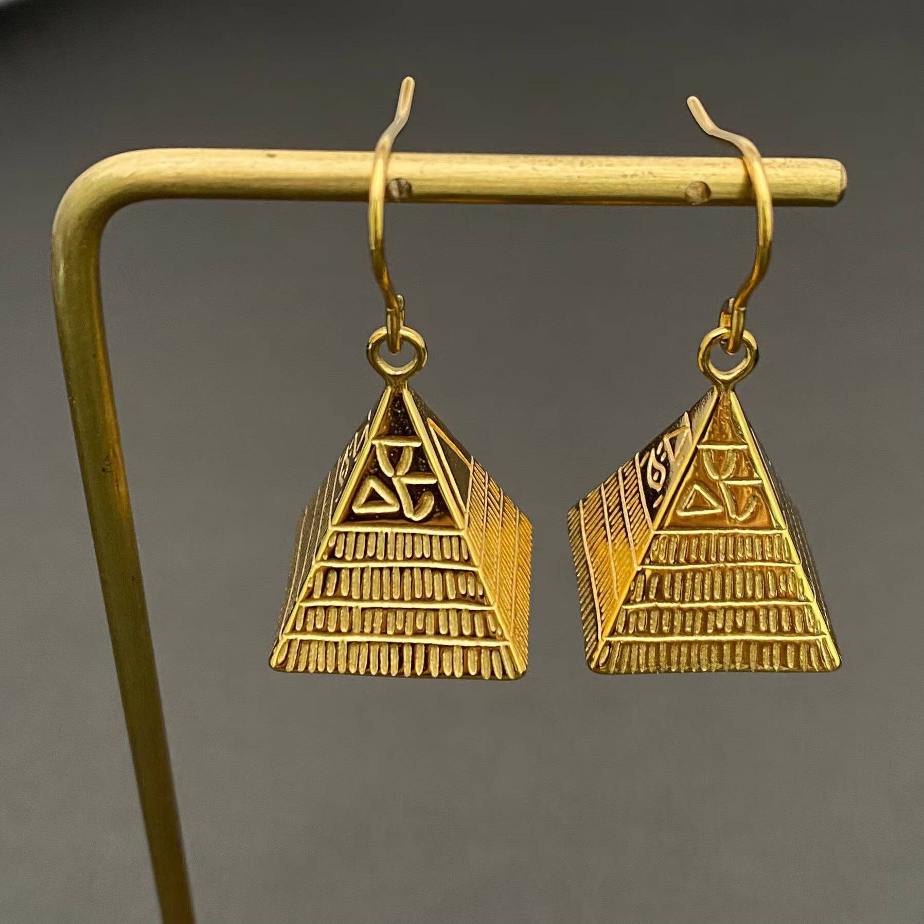 18K Gold Plated S.Steel Hollow Pyramid Dangle Earrings - FGS - Spiral Circle