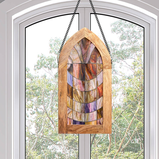 24"H Victorian Purple Arched Stained Glass Window Panel - Spiral Circle