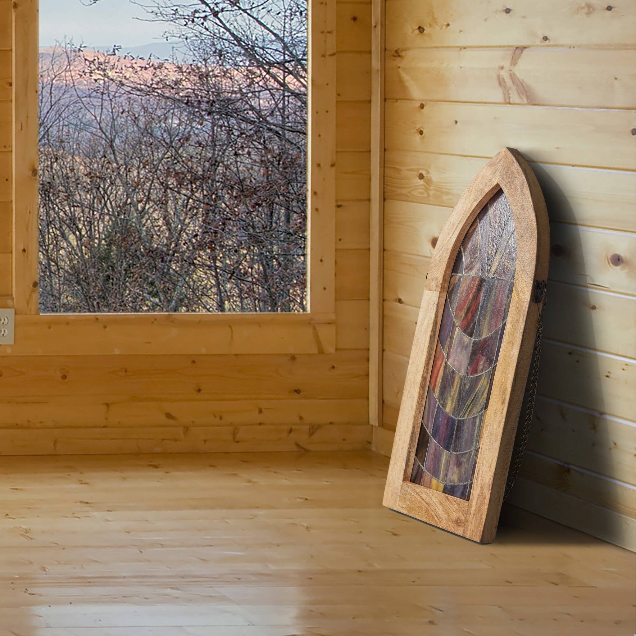 24"H Victorian Purple Arched Stained Glass Window Panel - Spiral Circle