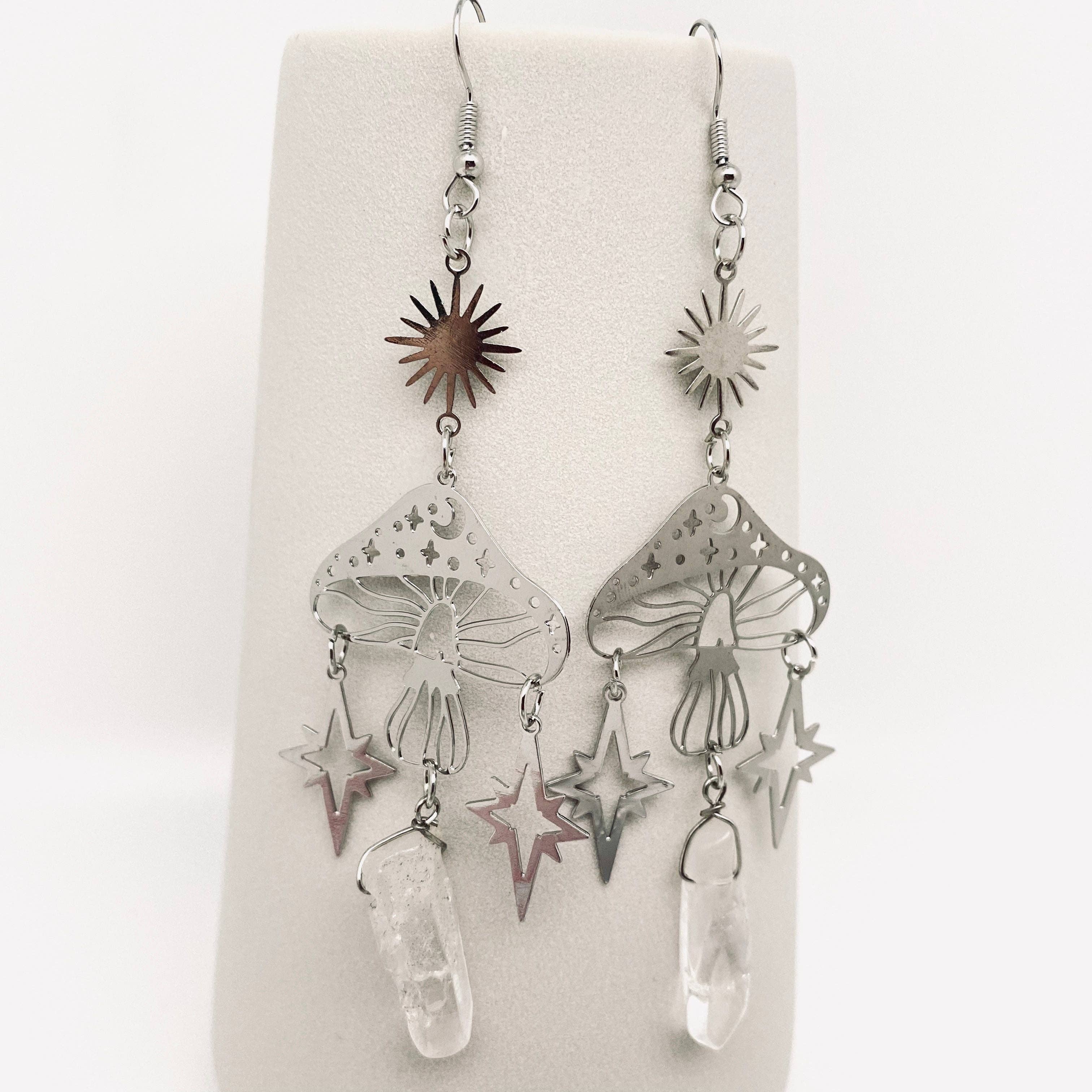 Clear Quartz, Mushroom & Sun Silver Earrings