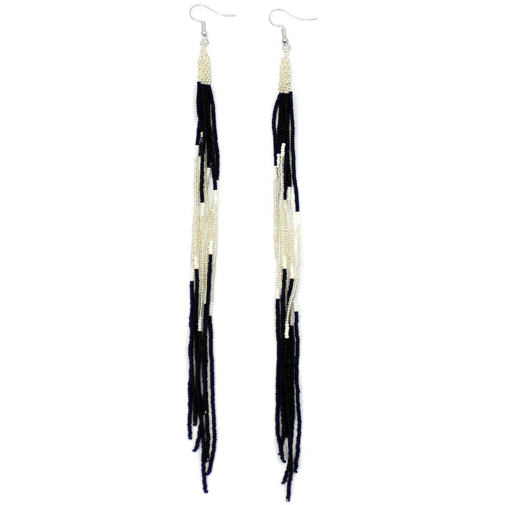Black Silver Extra Long 8 Inch Handmade Glass Beads Earrings