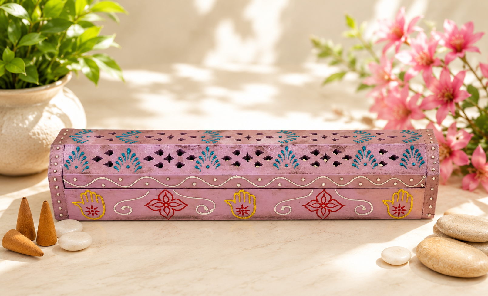 Hand Painted Wooden Incense Box - PINK (12 in.)