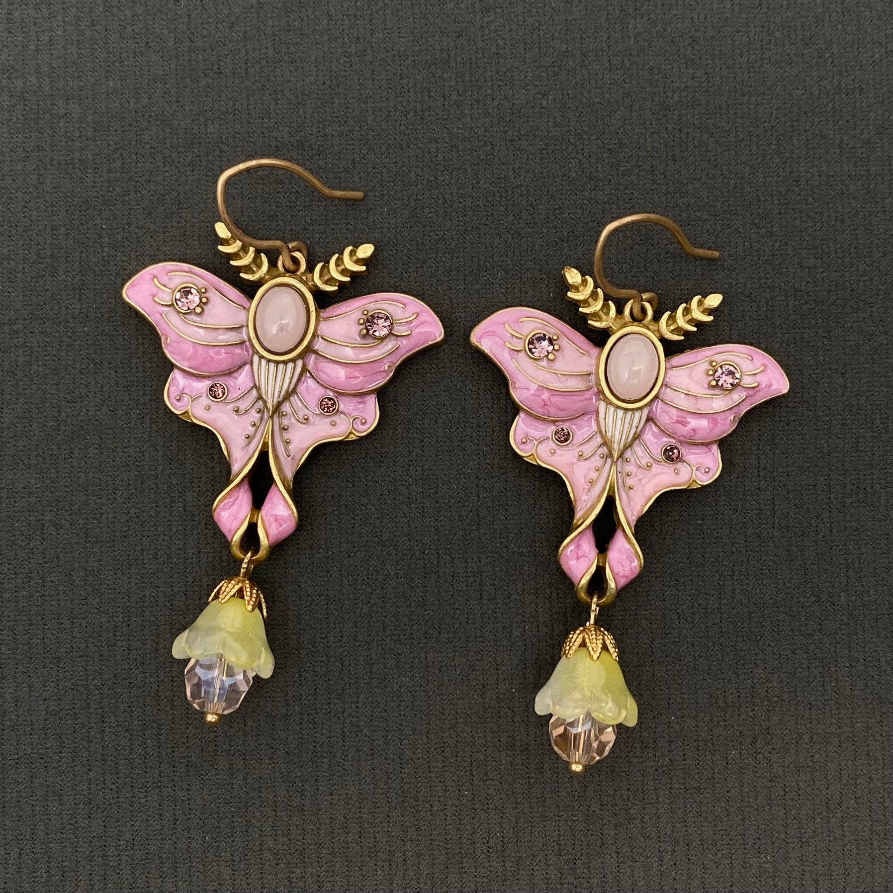 Vintage Pink Enamel Butterfly Dangle Earrings