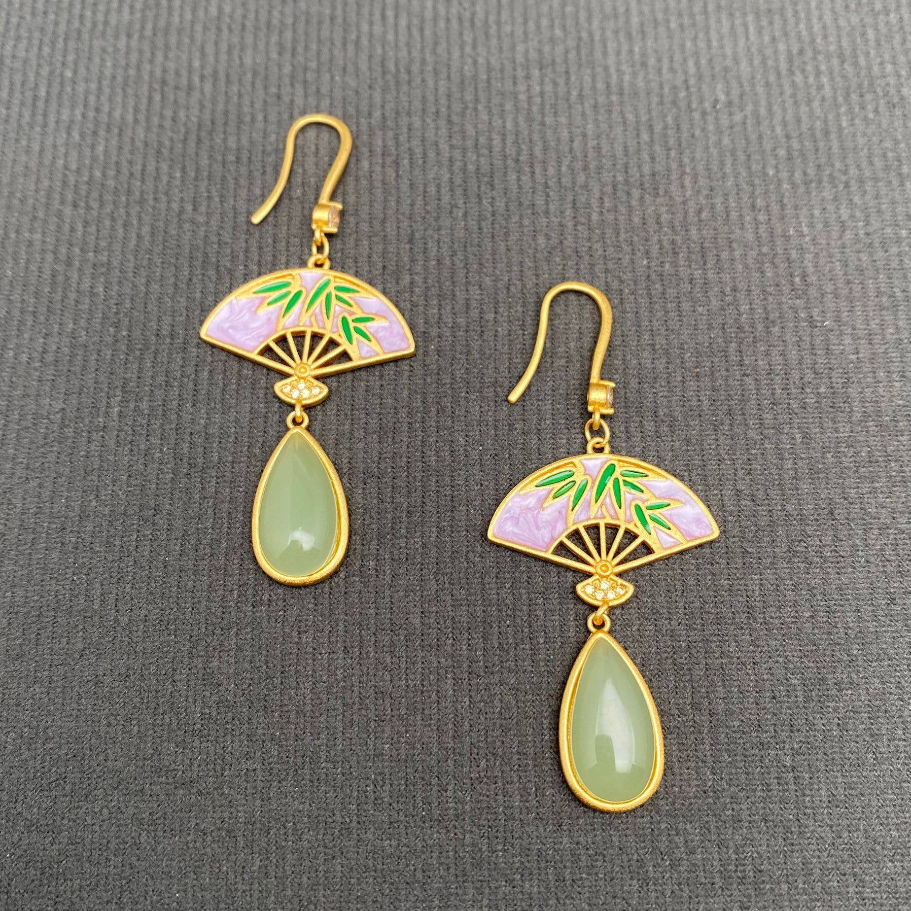 Stone Inlaid Bamboo Fan Dangle Earrings