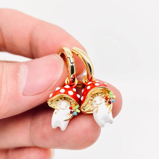 3D Enamel Cute Mushroom Huggie Hoop Earrings - Spiral Circle