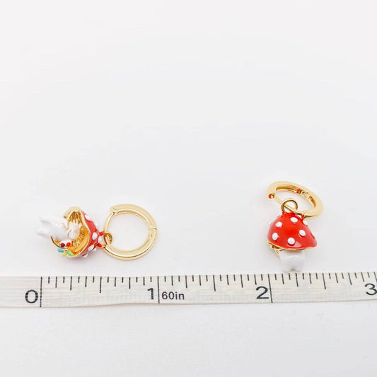 3D Enamel Cute Mushroom Huggie Hoop Earrings - Spiral Circle