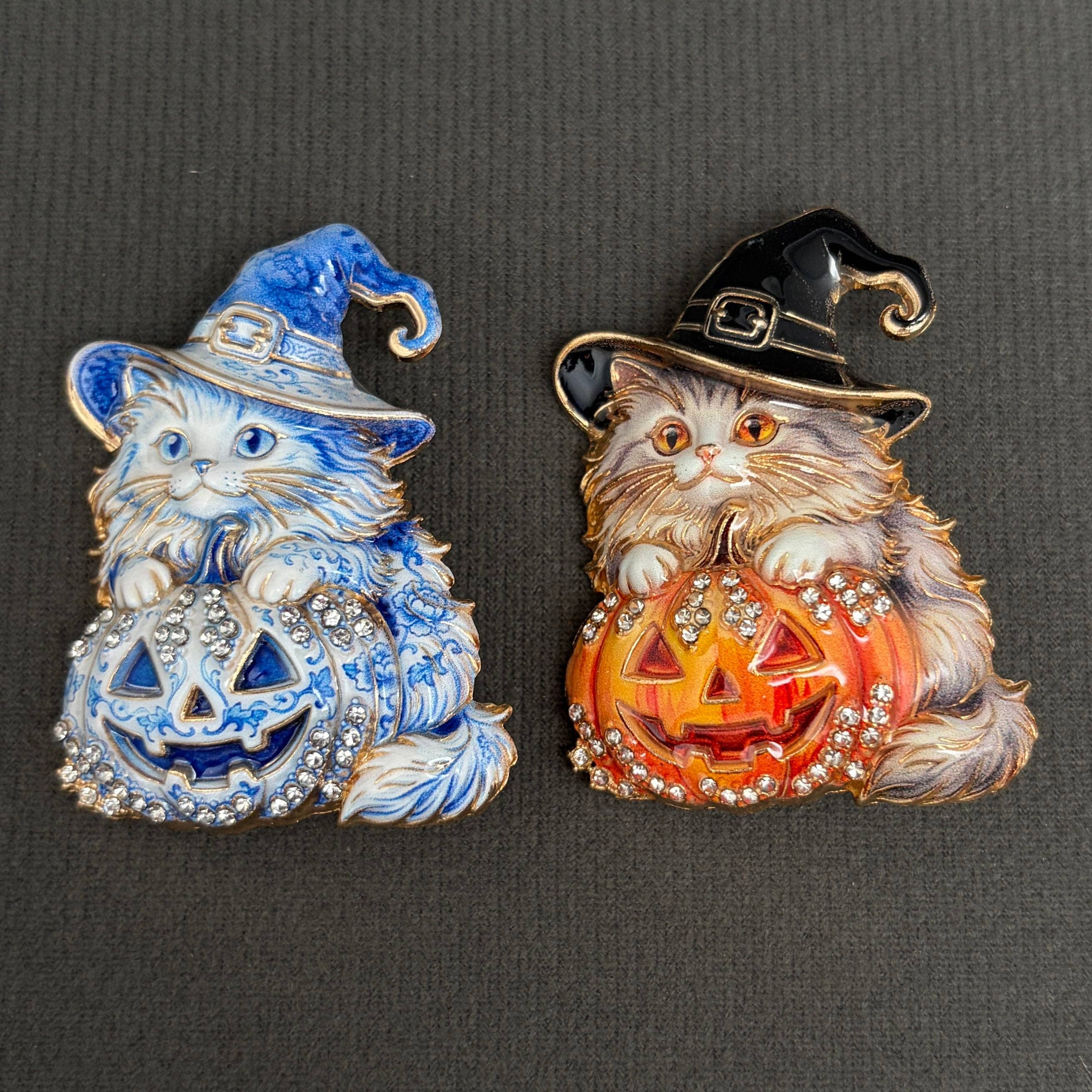 Halloween Pumpkin & Cat Witch Brooch