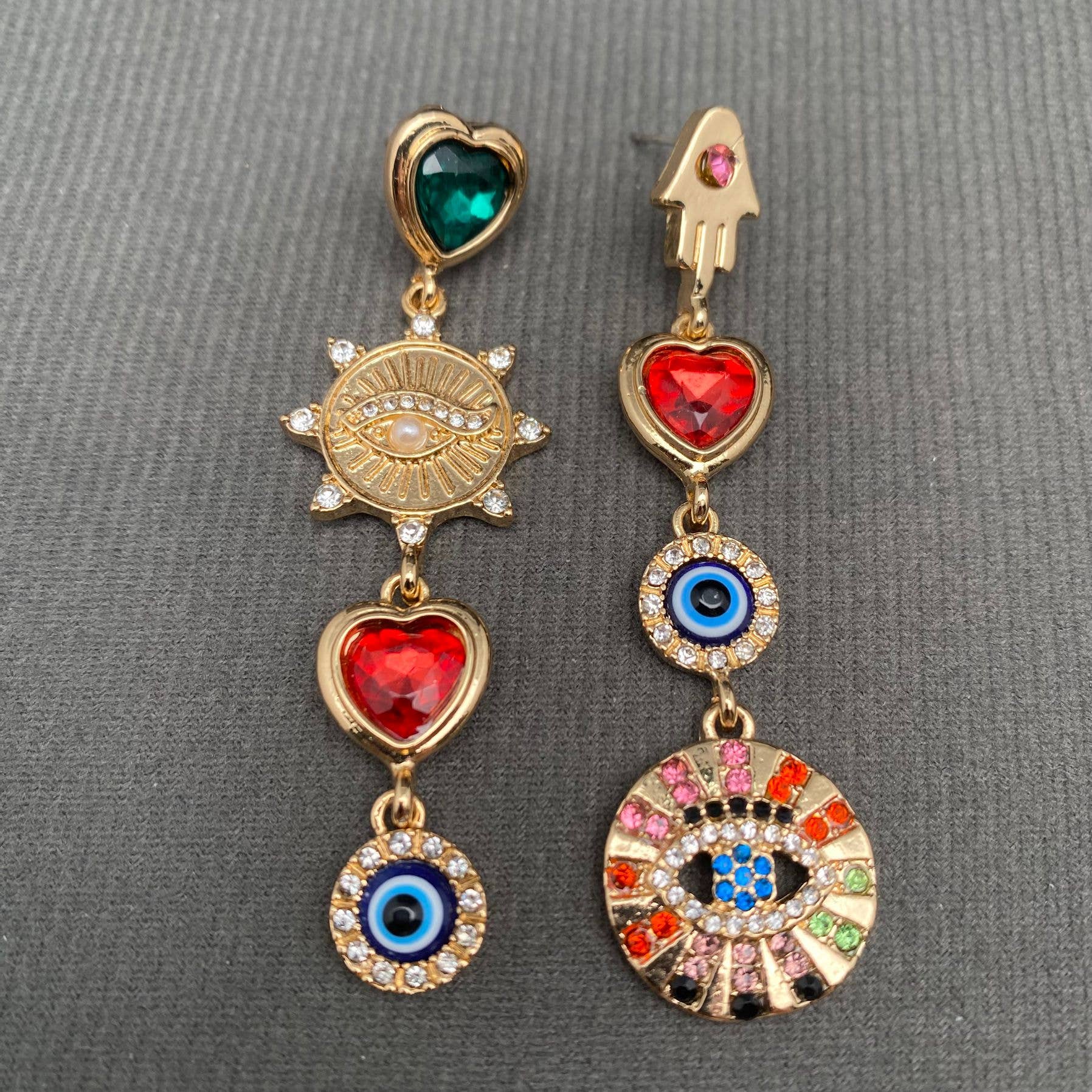 Rhinestone Inlaid Evil Eye Asymmetric Earrings
