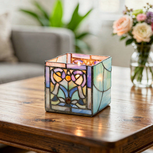 4.75"H Ilsa Blue Flourishes Stained Glass Candle Holder - Spiral Circle