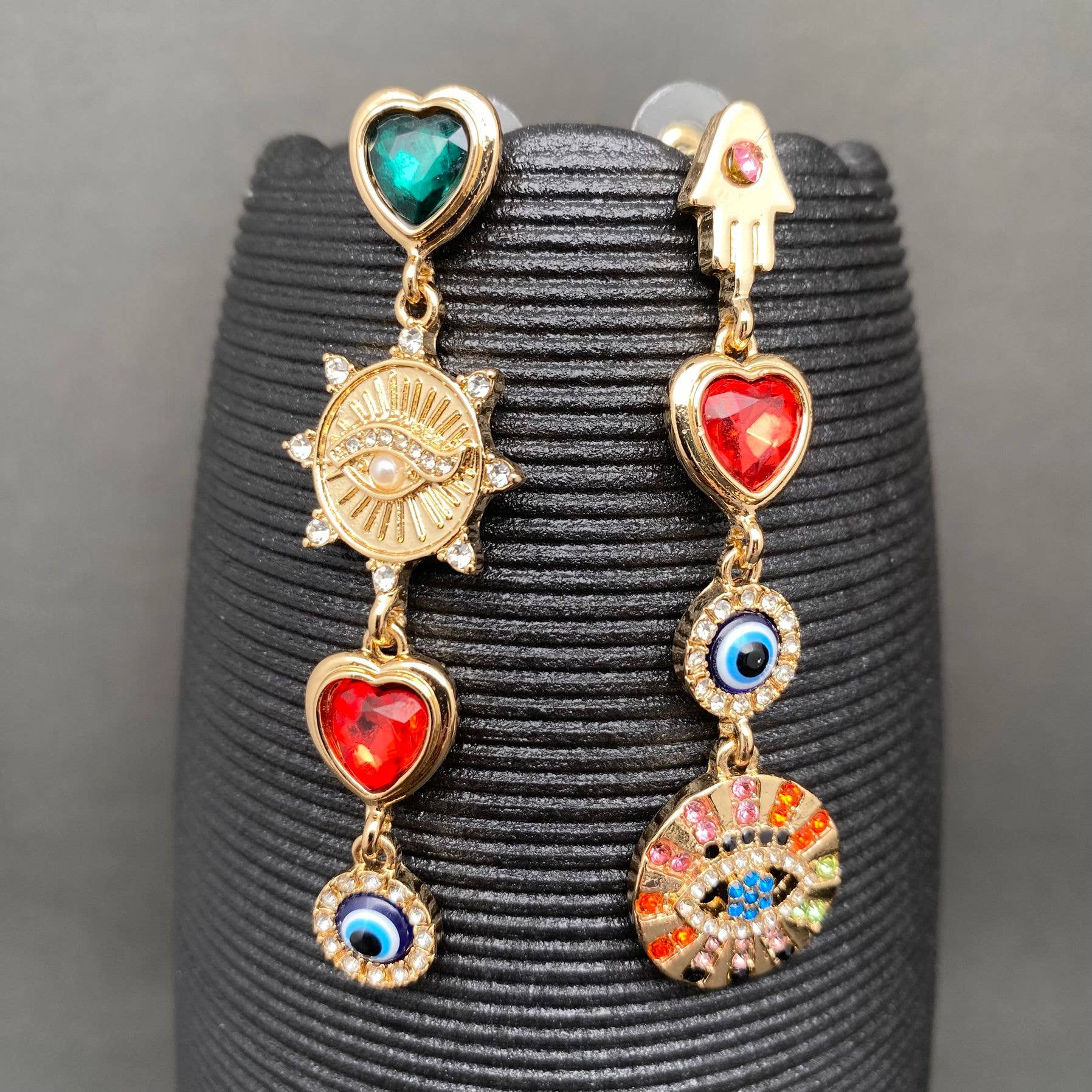 Rhinestone Inlaid Evil Eye Asymmetric Earrings