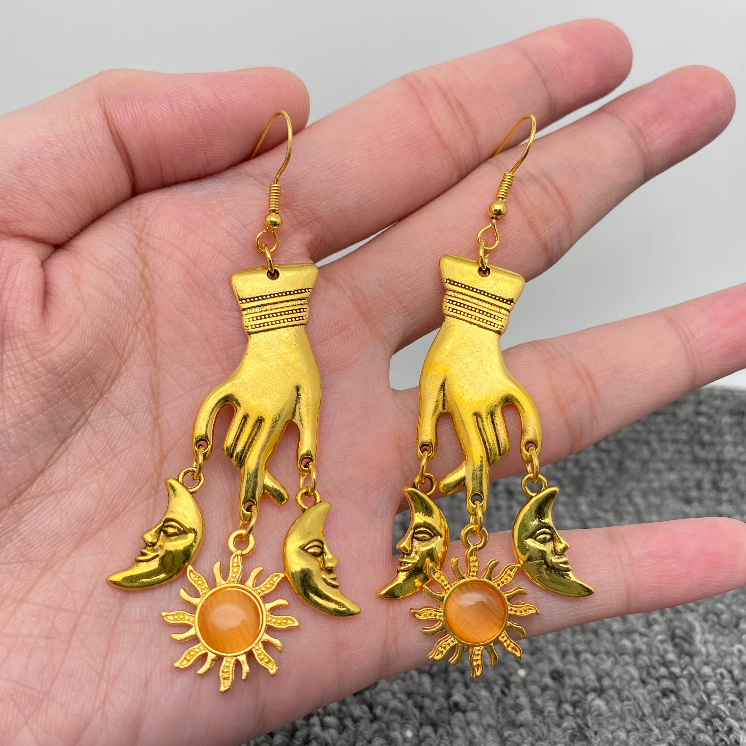 Vintage, Golden Star Moon & Hand Dangle Earrings