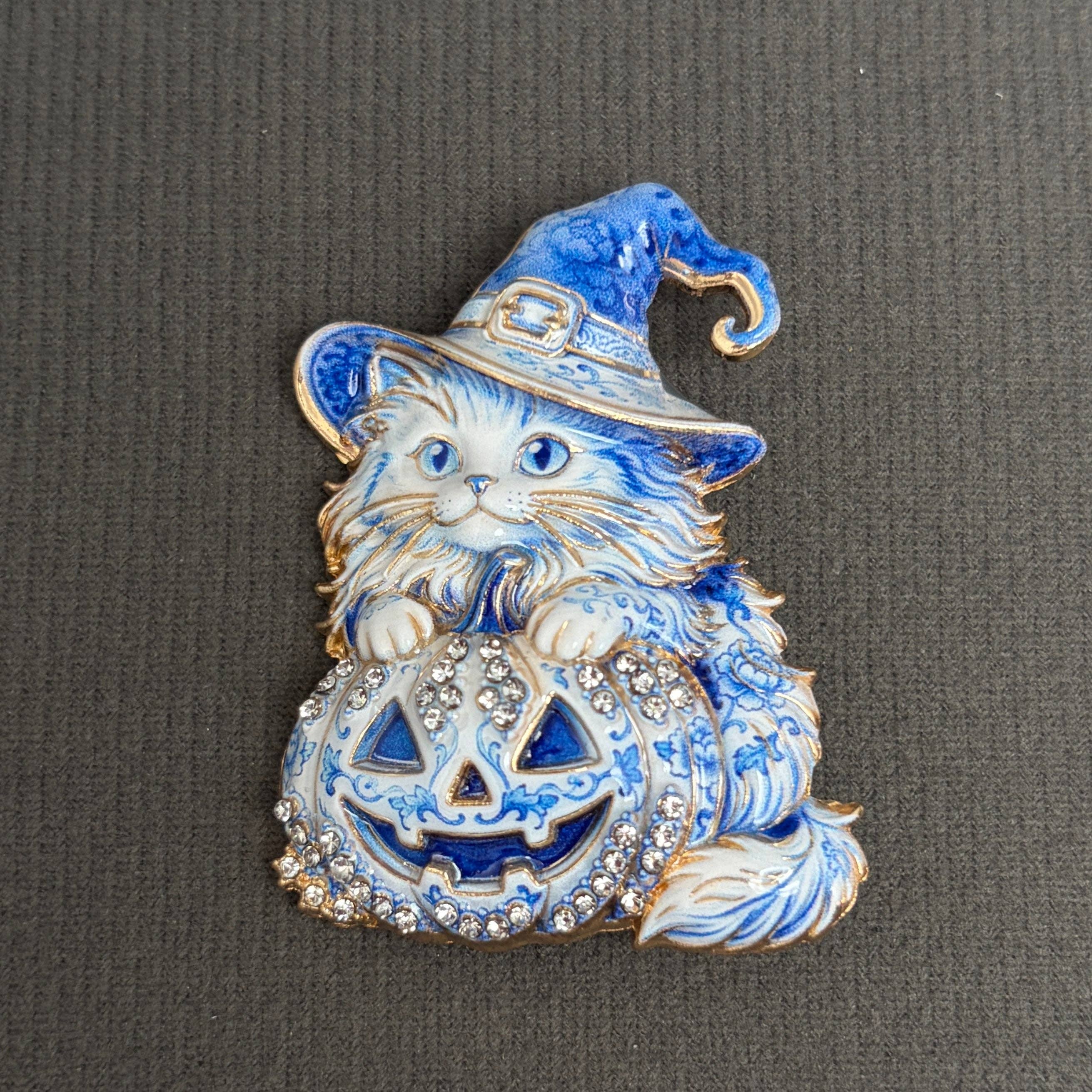 Halloween Pumpkin & Cat Witch Brooch