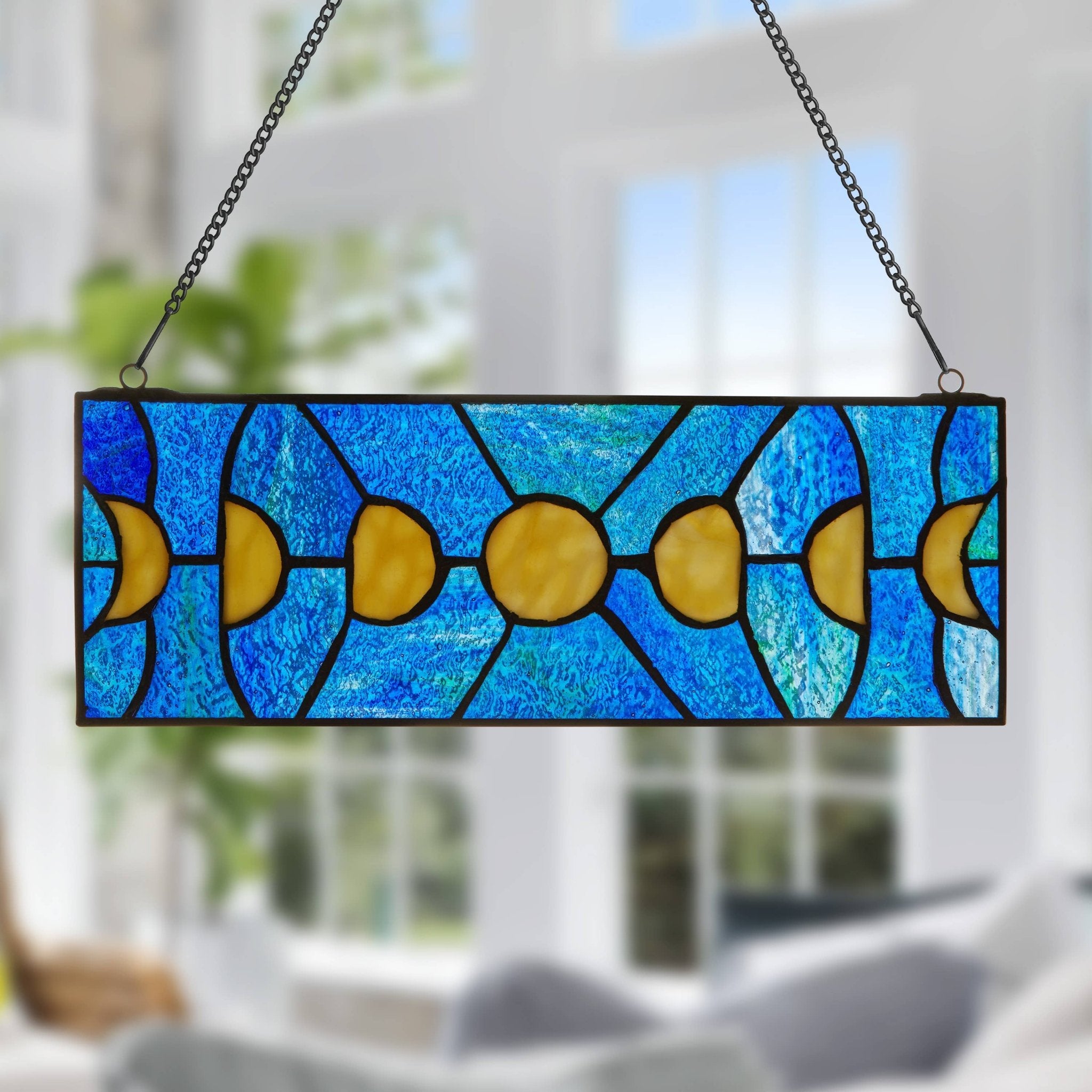 5"H Moon Phases Rectangular Stained Glass Window Panel - Spiral Circle
